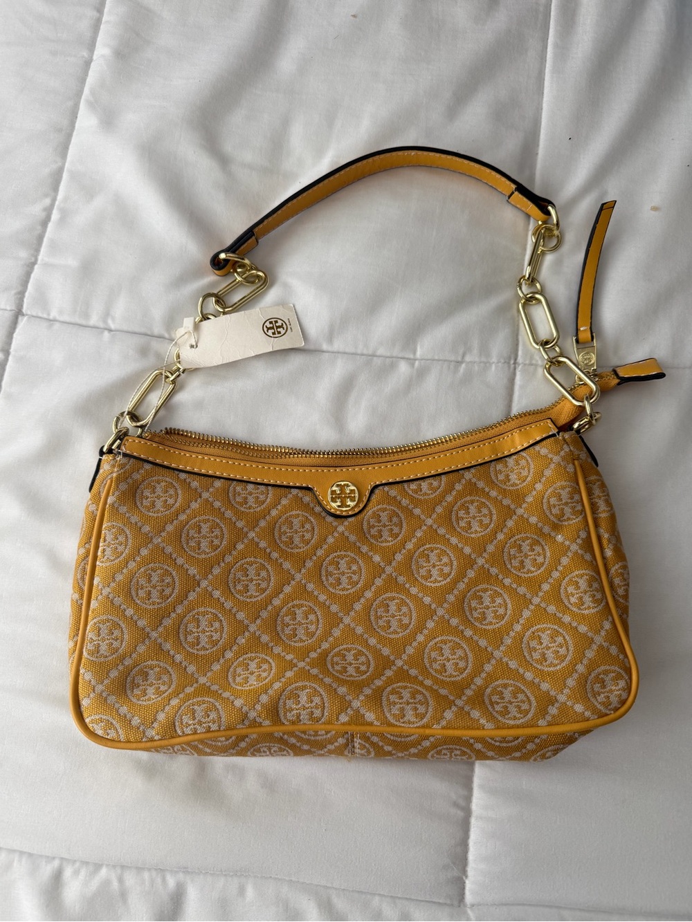 Tory Burch Mustard Jacquard Logo Shoulder Bag with Gold Hardware